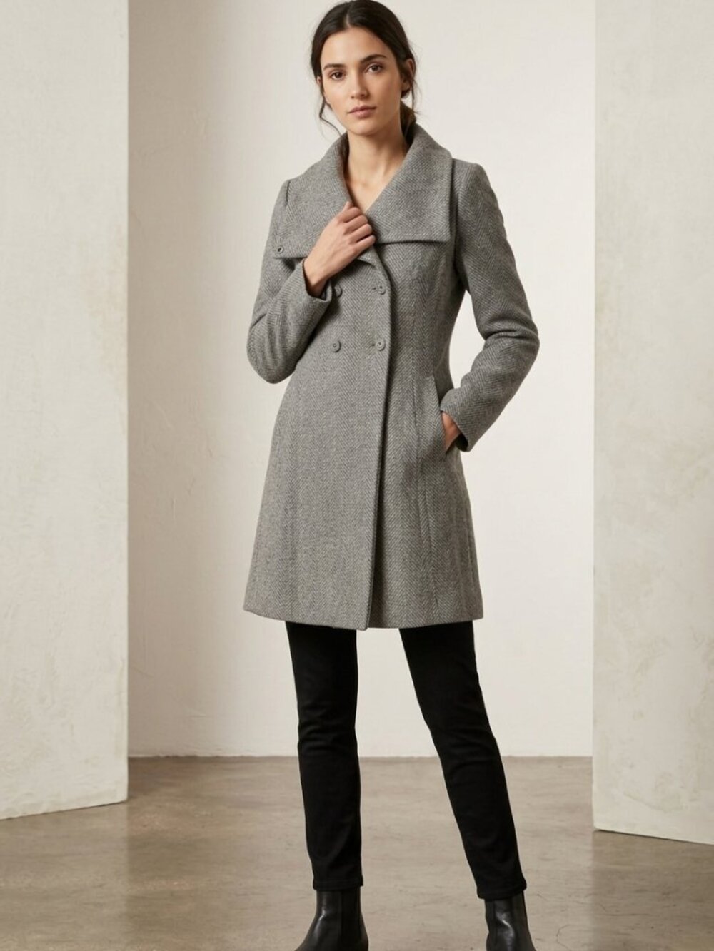 United Colors of Benetton Grey Herringbone Wool Coat Italian Size 40 US 4 Small